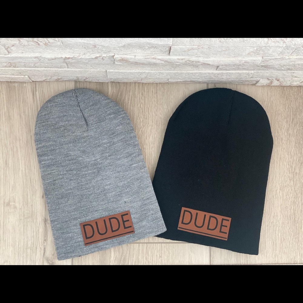 One size slouchy beanie, leatherette dude patch.